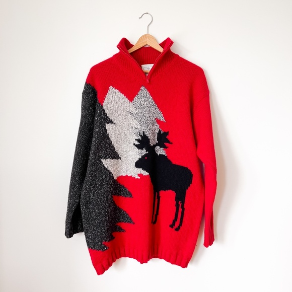 Vintage 90s Susan Bristol Chunky Red Wool Moose Intarsia Sweater Sz L Cabincore - Picture 1 of 16